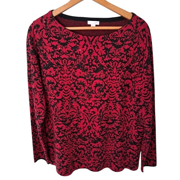J. Jill Sweater Women's Medium Red Black Damask Rhinestone‎ Sparkle Christmas - Picture 1 of 8